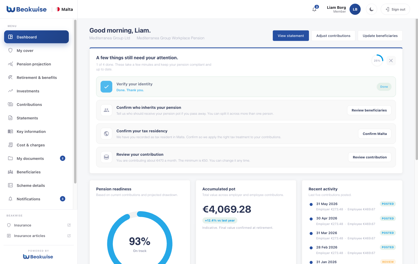 Member portal showing benefit statement, beneficiary update form and contribution history.