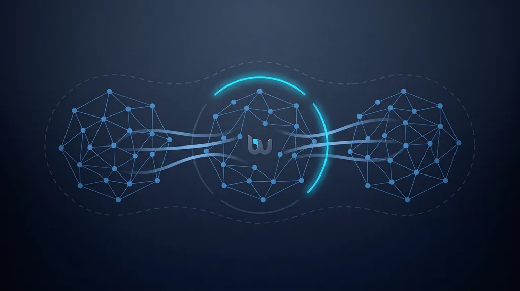Abstract illustration of three balanced cloud network clusters linked through one EU governance gateway, representing provider-flexible, portable architecture.