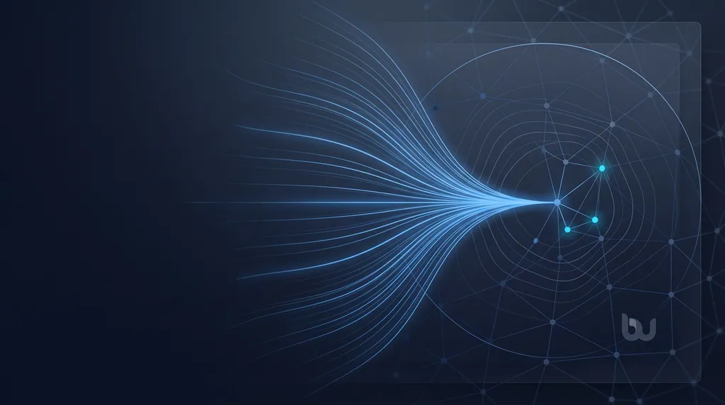 Abstract Beakwise illustration of governed data flows converging into a single secure node, representing managed, sovereign EU cloud operations.